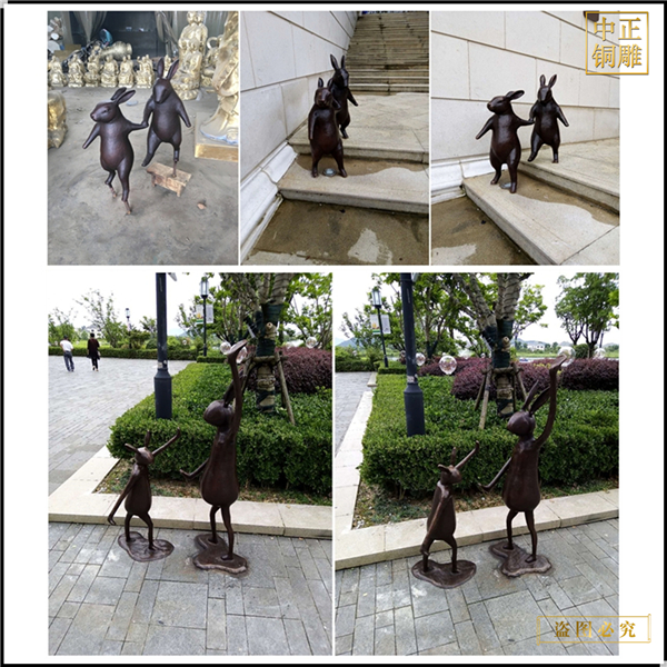 兩只小兔子跳舞銅雕塑