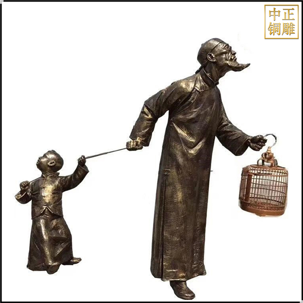 古代遛鳥銅雕塑